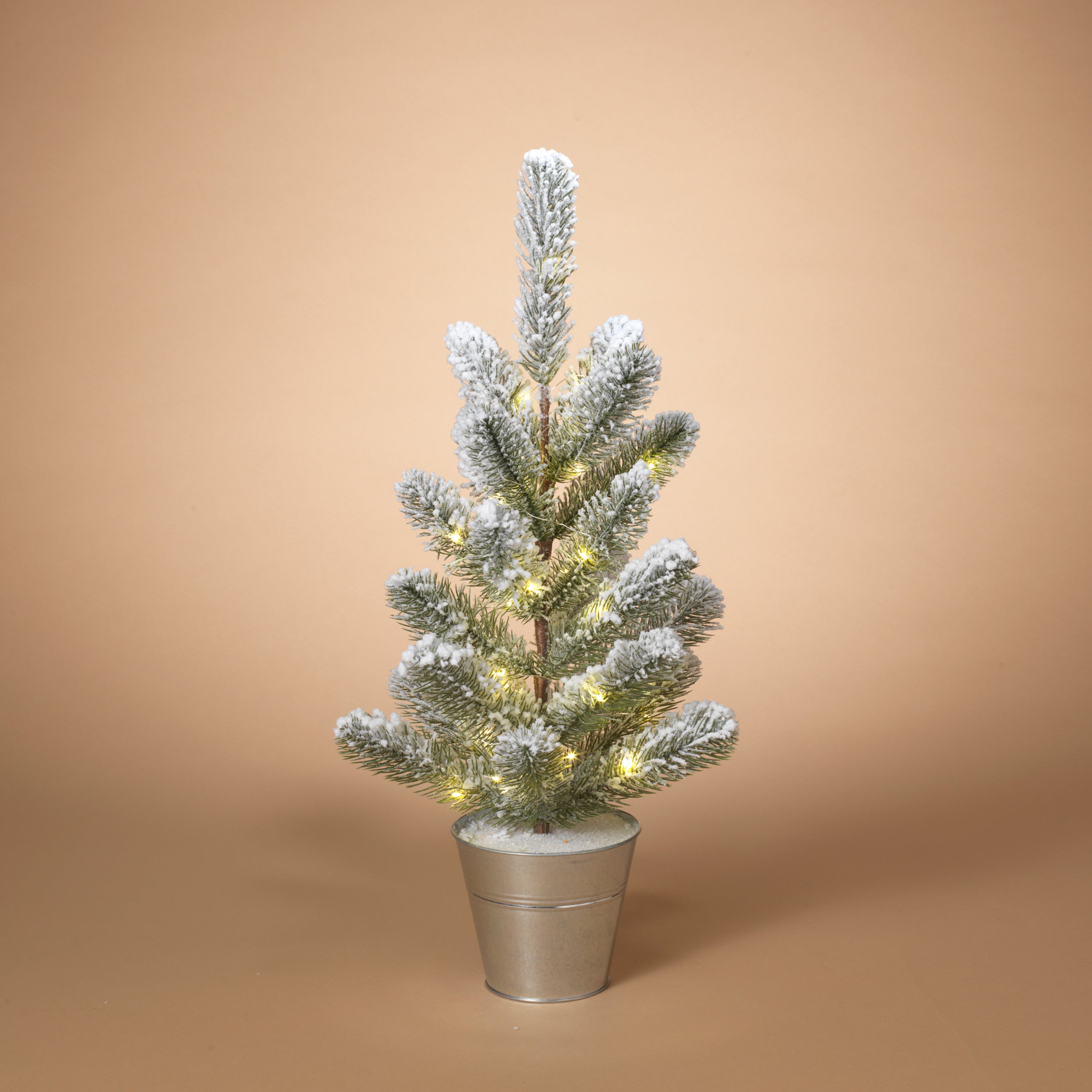 Illuminated 26 in H Battery Operated Lighted Flocked Pine Tree in Metal Bucket